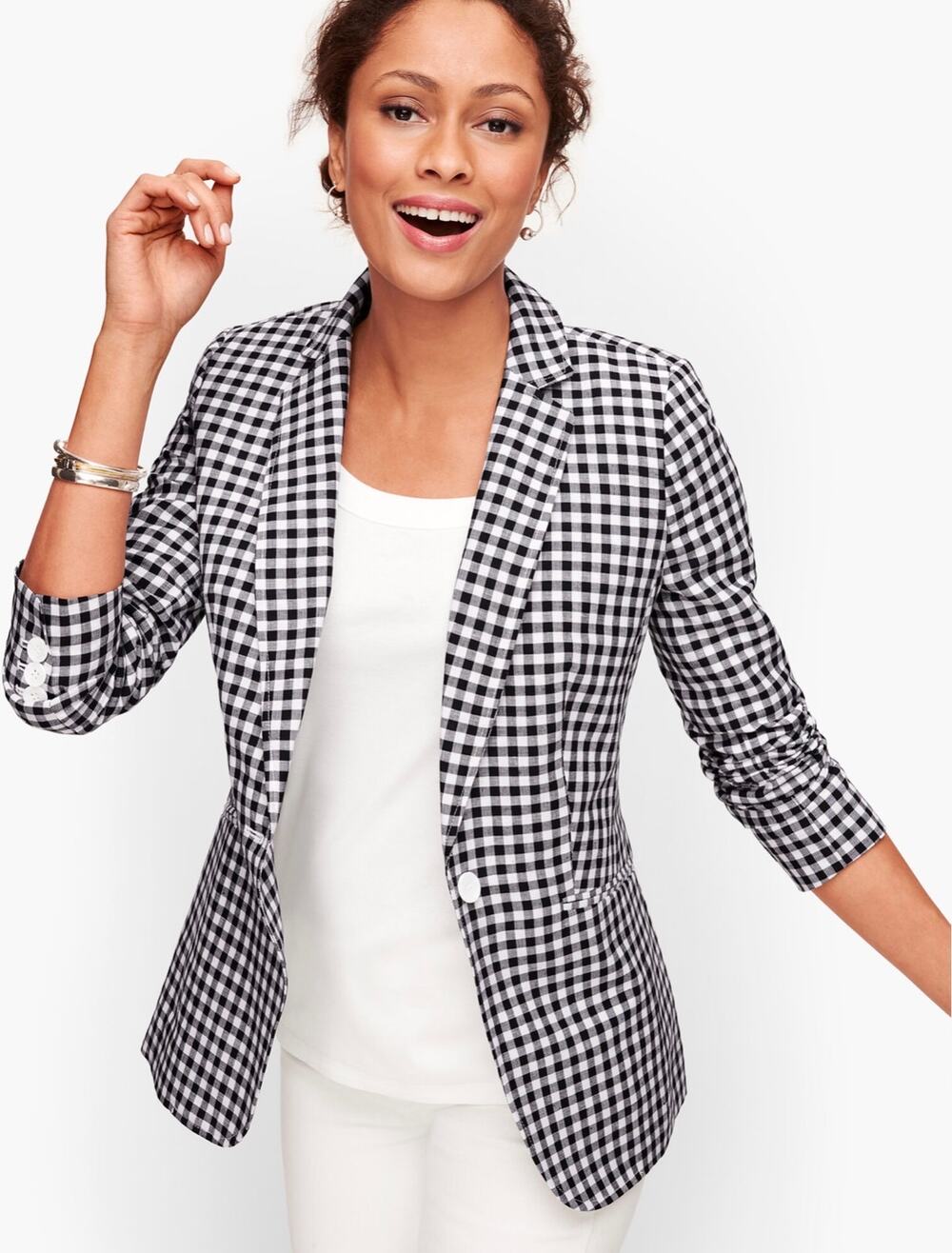 Talbots Womens 12 Petite Black White Gingham Linen Blazer Preppy NEW